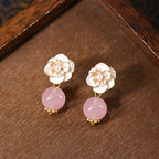 Natural Rose Quartz Camellia Stud Earrings