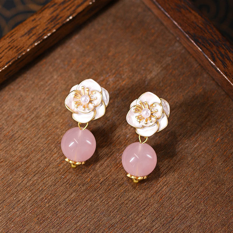 Natural Rose Quartz Camellia Stud Earrings