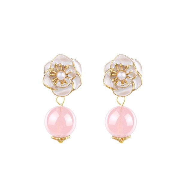 Natural Rose Quartz Camellia Stud Earrings