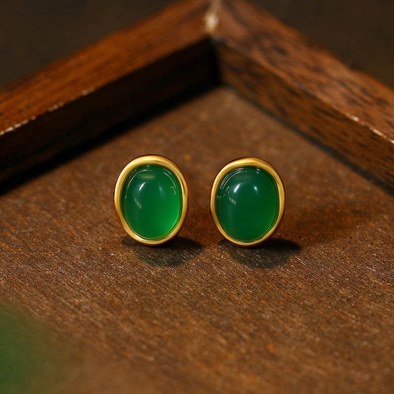 Natural green chalcedony oval stud earrings