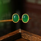Natural green chalcedony oval stud earrings