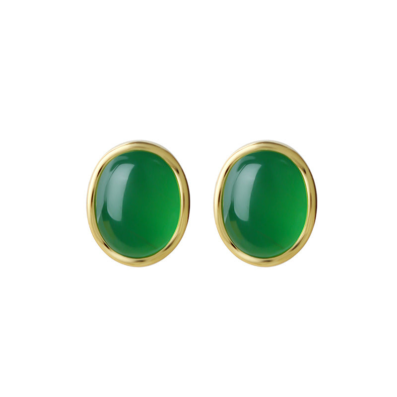 Natural green chalcedony oval stud earrings