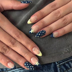 Navy blue and yellow French polka dot stars press on nails