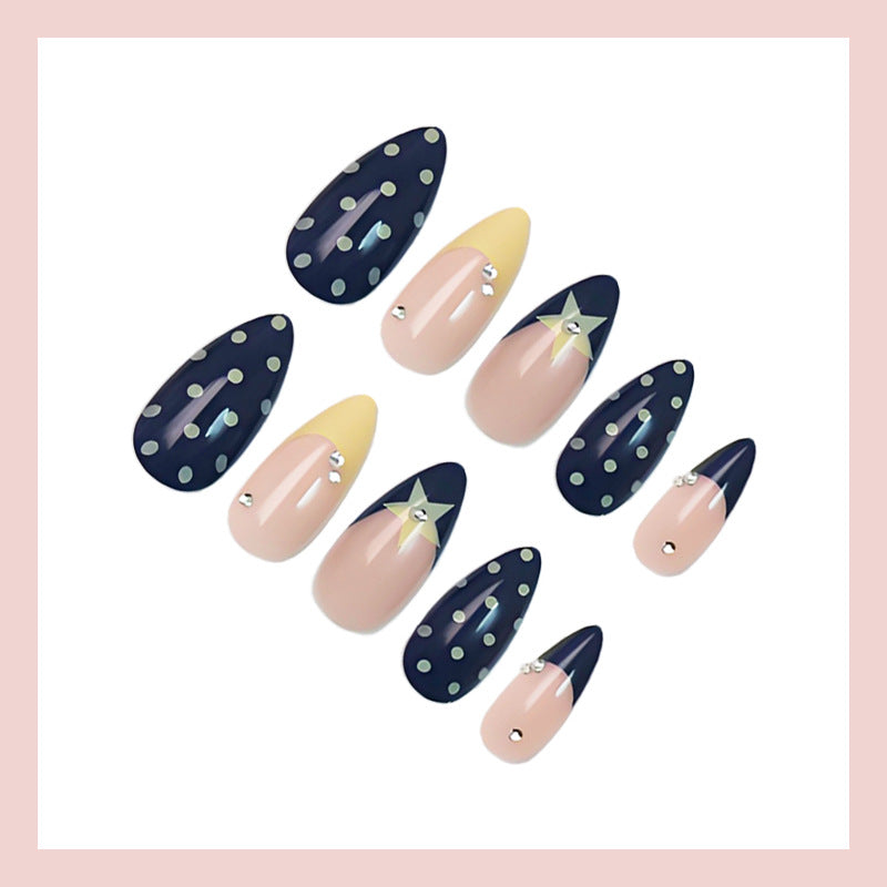 Navy blue and yellow French polka dot stars press on nails