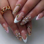 Nude pink gilt carved pearls press on nails