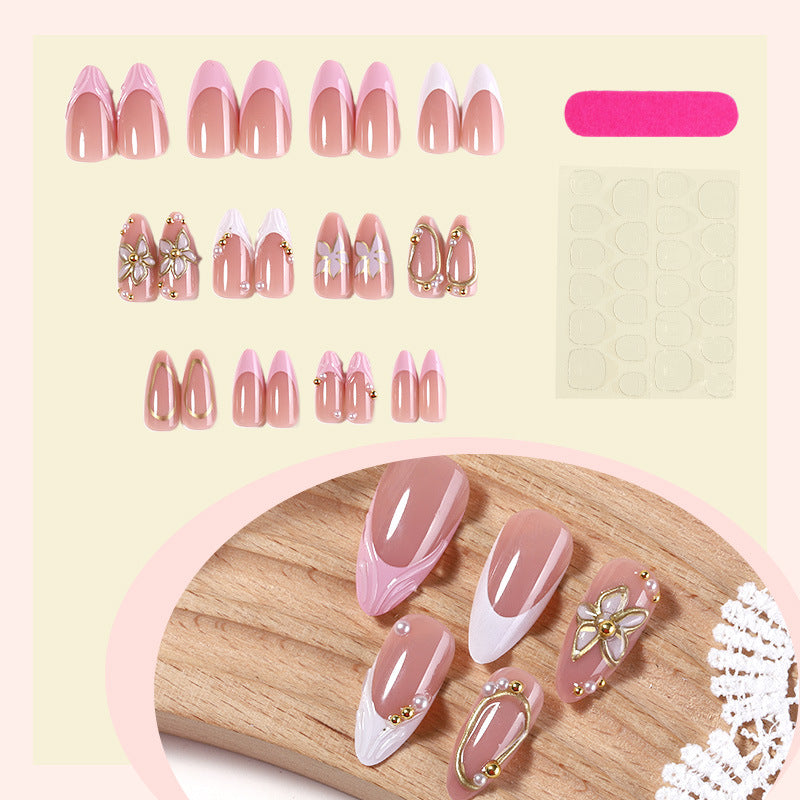 Nude pink gilt carved pearls press on nails