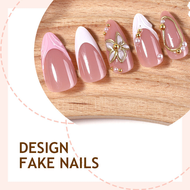 Nude pink gilt carved pearls press on nails