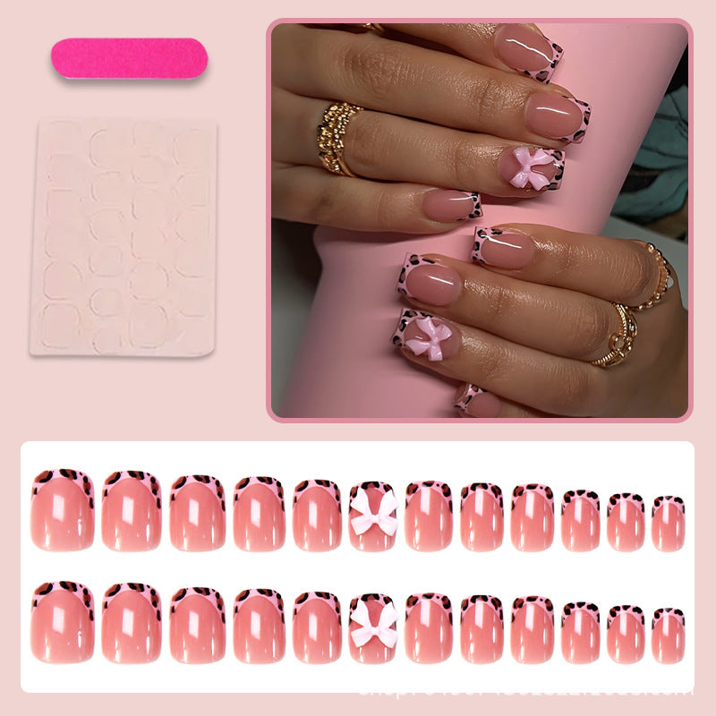 Pink leopard print contrast bow press on nails