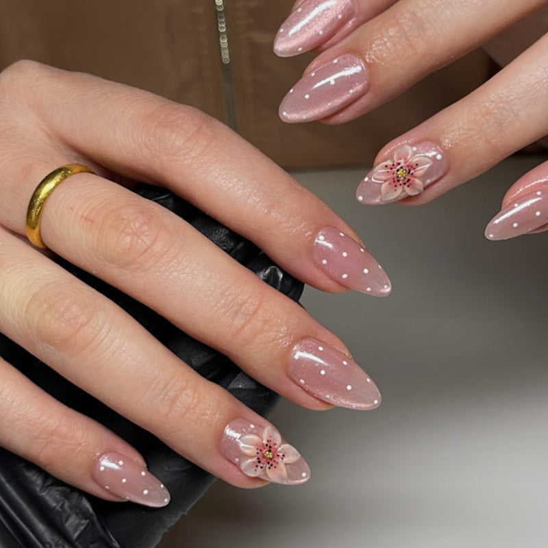 Pink polka dot cat eye press on nails