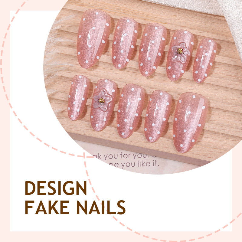 Pink polka dot cat eye press on nails