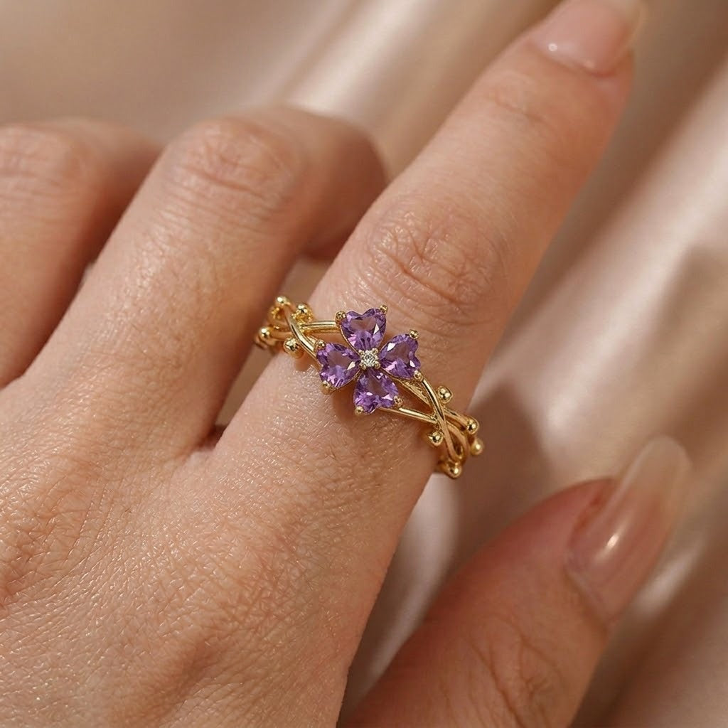 Purple Quatrefoil Zirconia Open Ring Adjustable