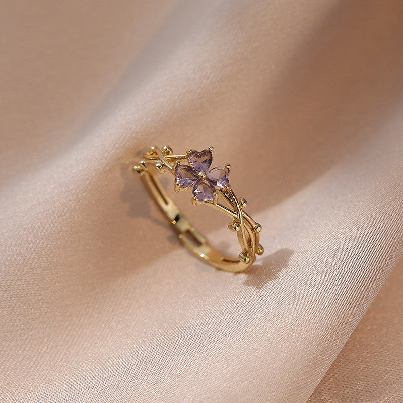 Purple Quatrefoil Zirconia Open Ring Adjustable