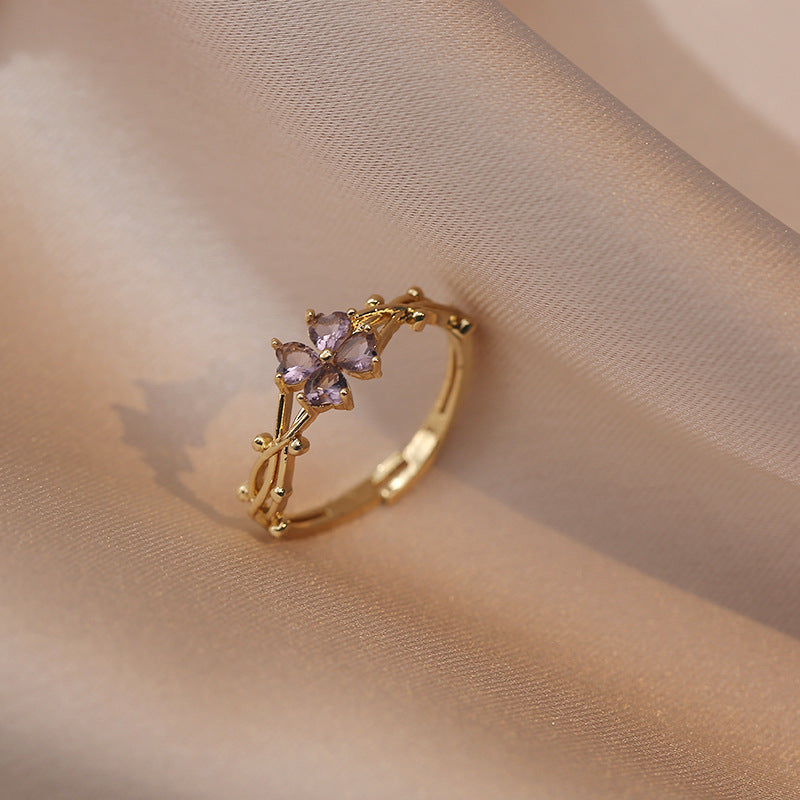 Purple Quatrefoil Zirconia Open Ring Adjustable
