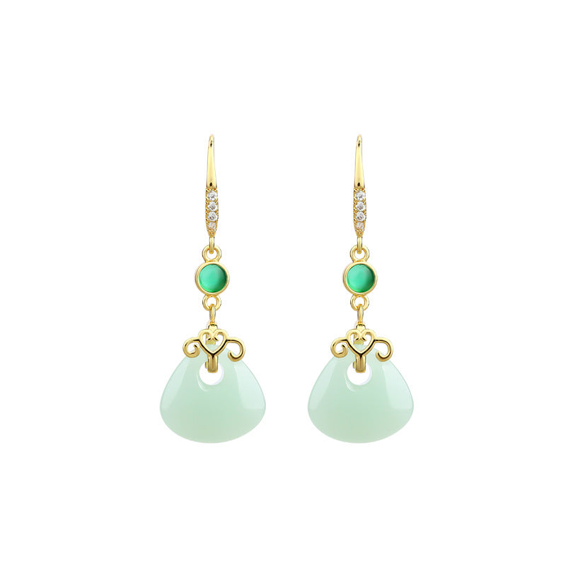 Retro Wealth Bag auspicious cloud earrings Hetian jade
