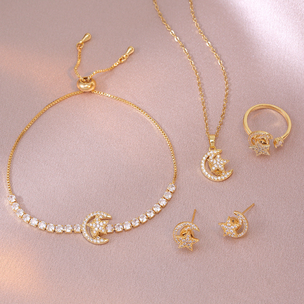 Rotating Star and Moon pendant temperament Bracelet Necklace Earrings Ring