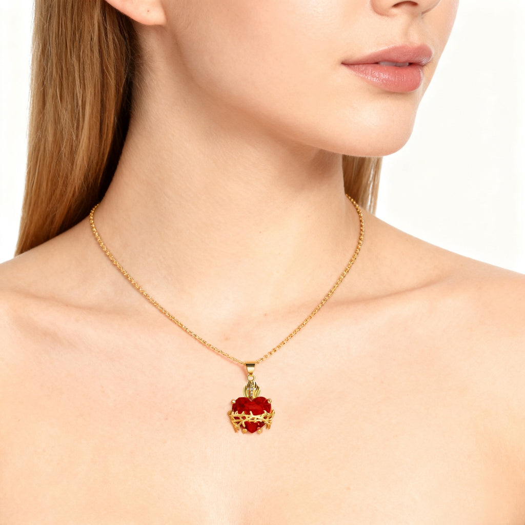 Sacred Heart Cross Crown Pendant Necklace