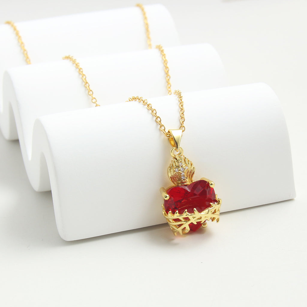 Sacred Heart Cross Crown Pendant Necklace