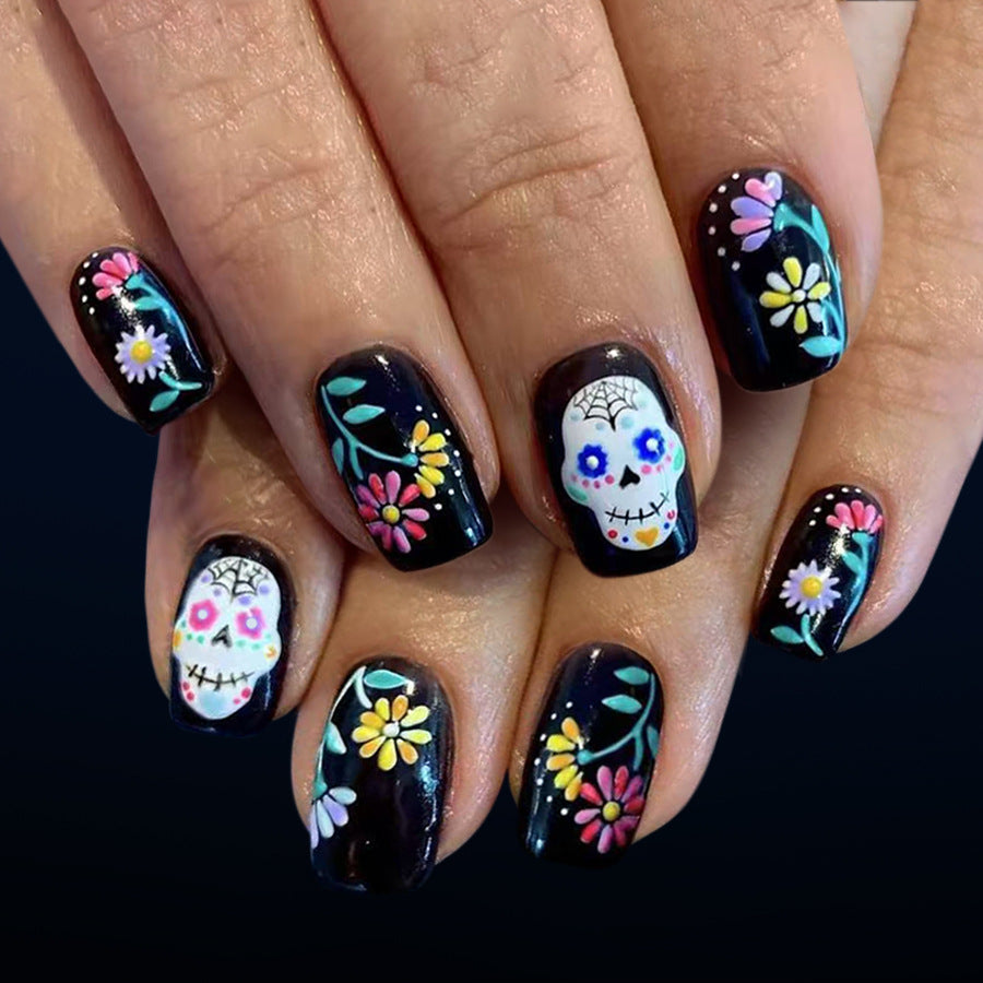 Skull Grimace Cute Flowers press on nails
