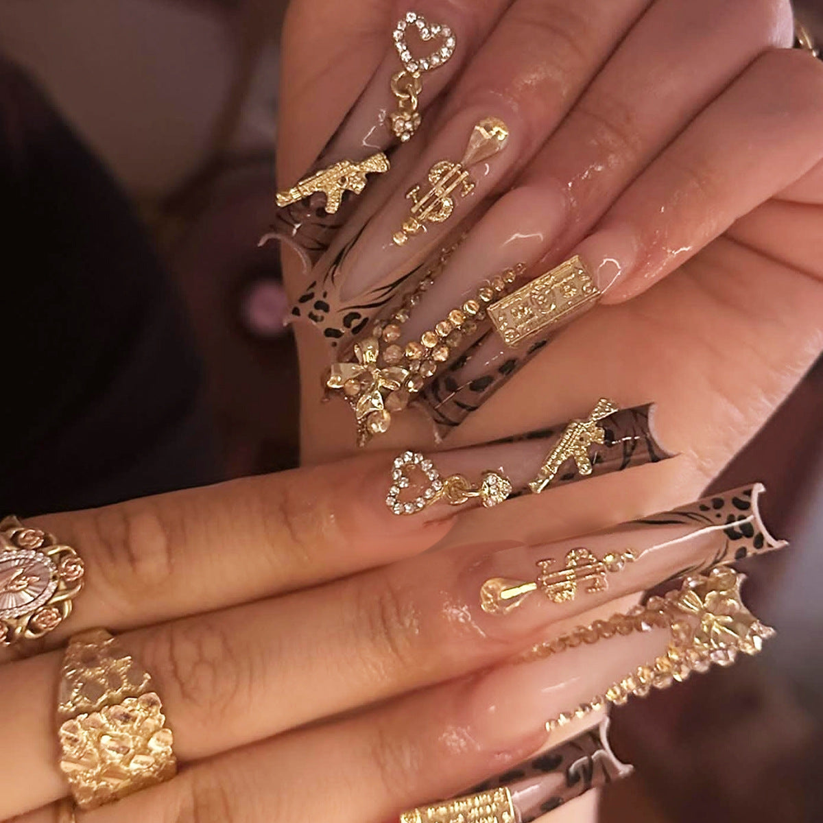 Super luxe bow gold leopard print press on nails