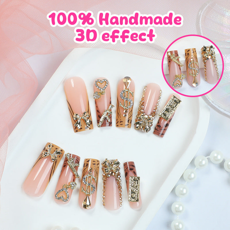 Super luxe bow gold leopard print press on nails
