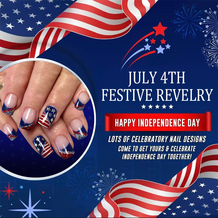 Independence Day flag features French irregular lines with glitter press on nails