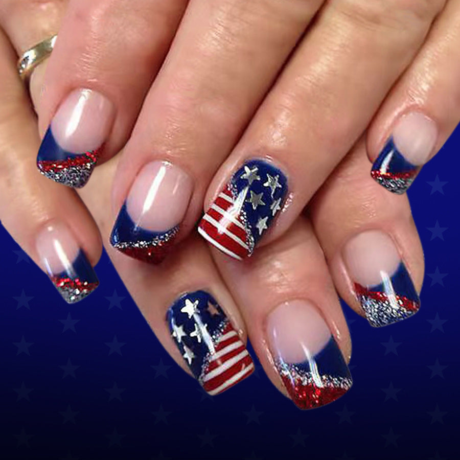 Independence Day flag features French irregular lines with glitter press on nails