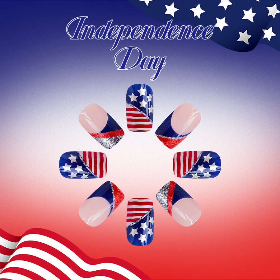 Independence Day flag features French irregular lines with glitter press on nails