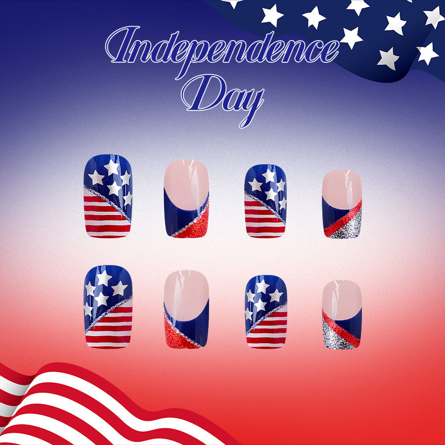 Independence Day flag features French irregular lines with glitter press on nails