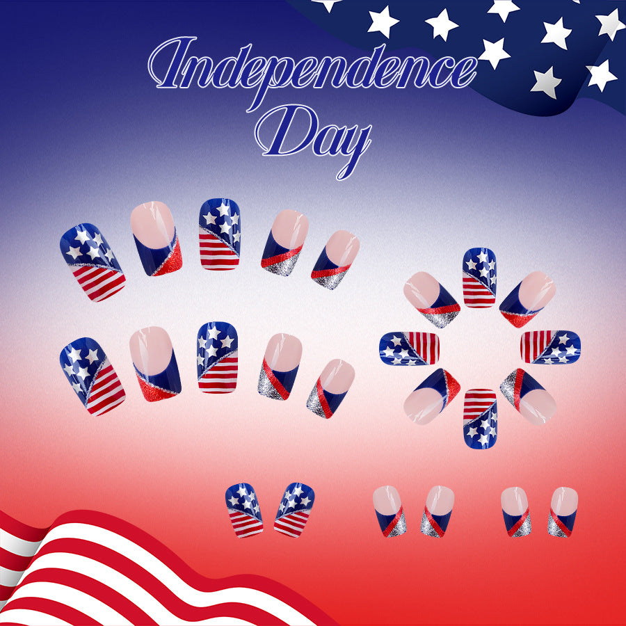 Independence Day flag features French irregular lines with glitter press on nails