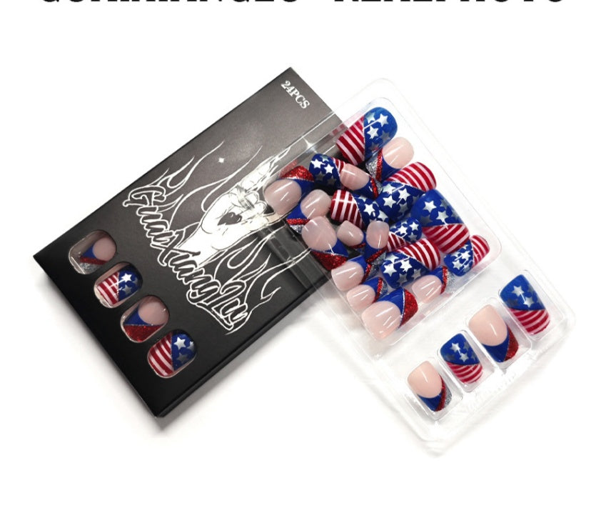 Independence Day flag features French irregular lines with glitter press on nails