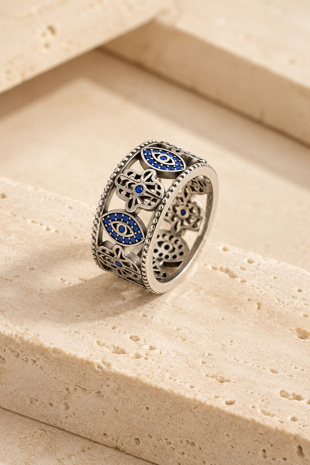Evil Eye Ring — Wide Silver Band with Hamsa