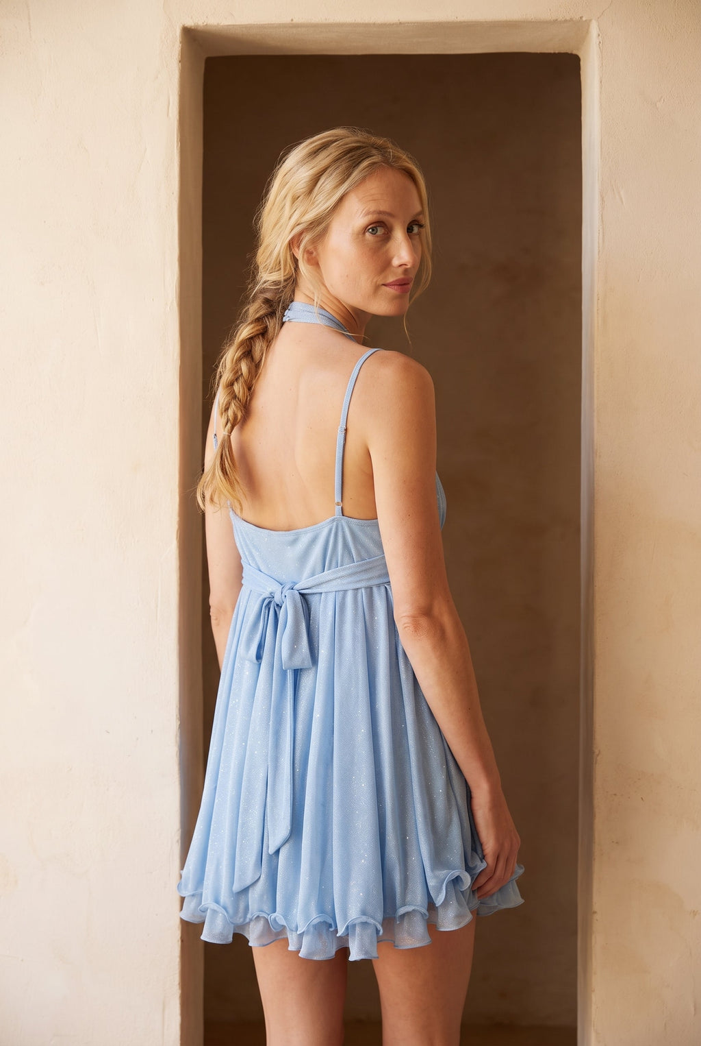 Scintilla Shimmer Dress — Ruffle Hem with Scarf