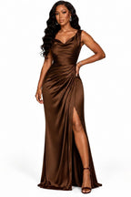 Cowl Neck with High Slit Satin Gown