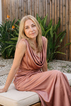 Cowl Neck with High Slit Satin Gown