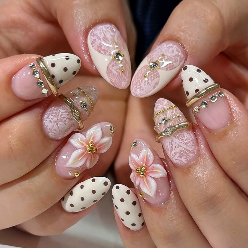 White polka dot lace press on nails